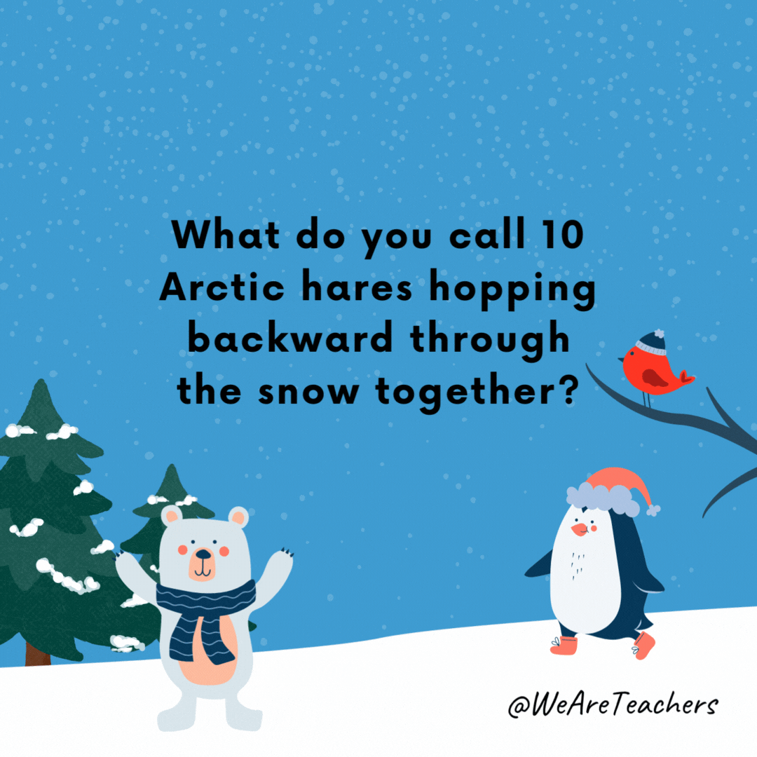What do you call 10 Arctic hares hopping backward through the snow together?- winter jokes