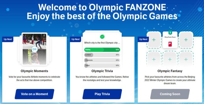 Screenshot from the 2022 Winter Olympics website FanZone page (Winter Olympics Activities)