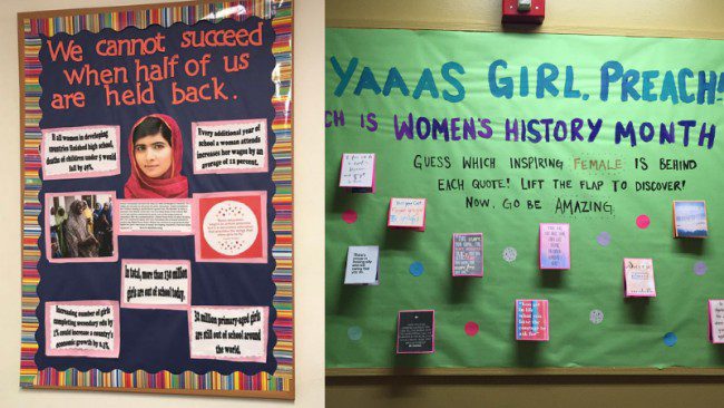 Collage of Women's History Month bulletin boards