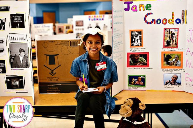 Student posing as Jane Goodall in a classroom wax museum project (Women's History Month Activities)