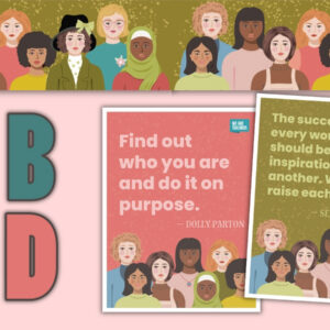Women's History Month bulletin board kit with illustrated border, alphabet letters, and inspirational quote posters