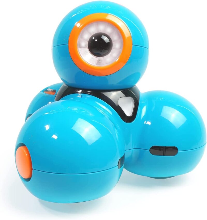 A blue robot is made up of four balls. It has a singular eyeball on the top.