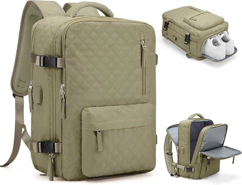 Beige teacher backpack with quilted front, shoe pocket, and laptop compartment