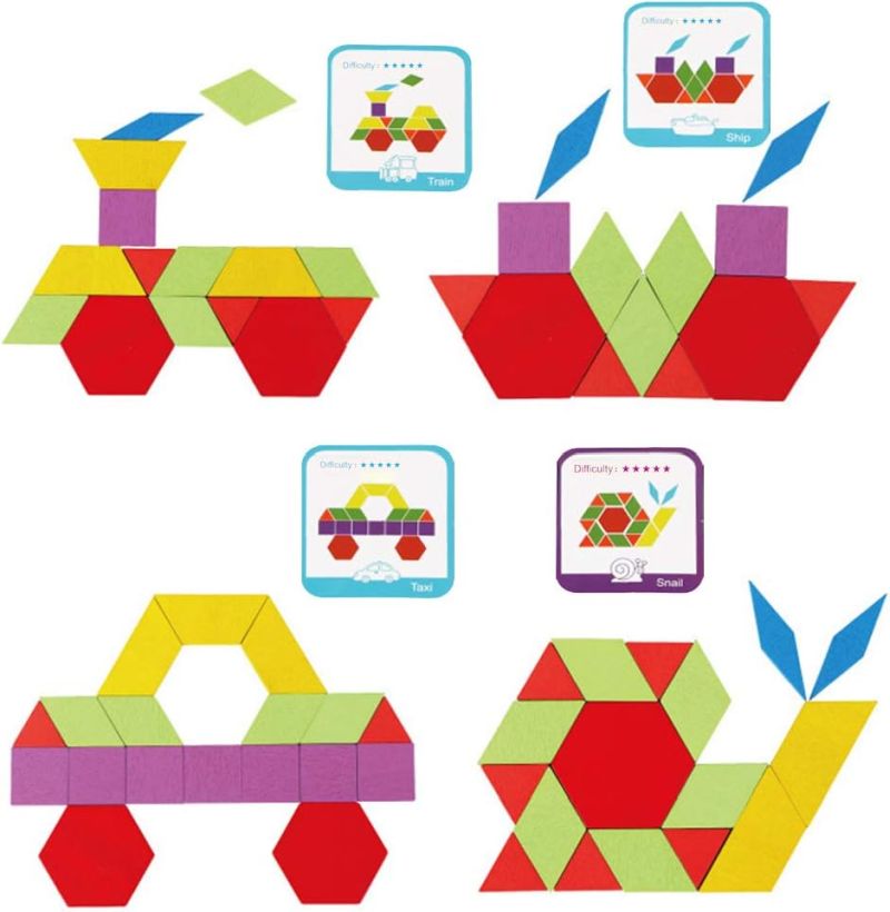 Colorful wood pattern blocks and pattern cards