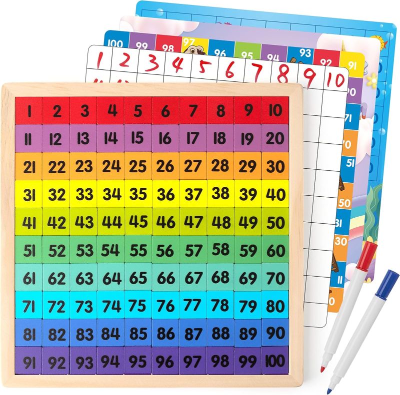 Wooden hundreds chart with colorful tiles, along with several dry erase hundreds charts