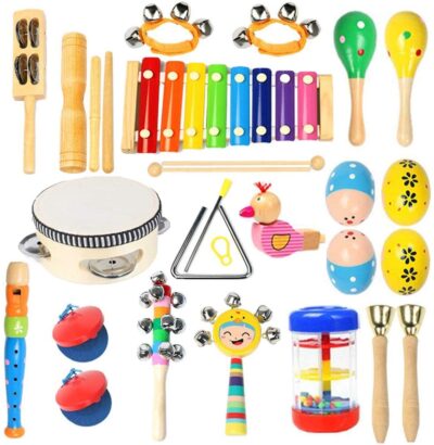 Set of wooden musical instruments for young kids
