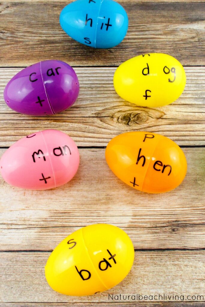 plastic eggs with word families written on them for a plastic egg activity 