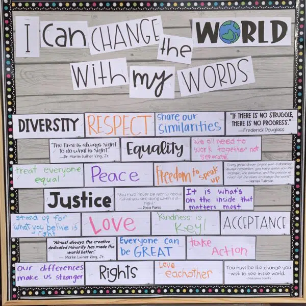 A bulletin board reads I can change the world with my words and has words like diversity and justice on it as well as quotes from famous Black Americans (black history month bulletin board)