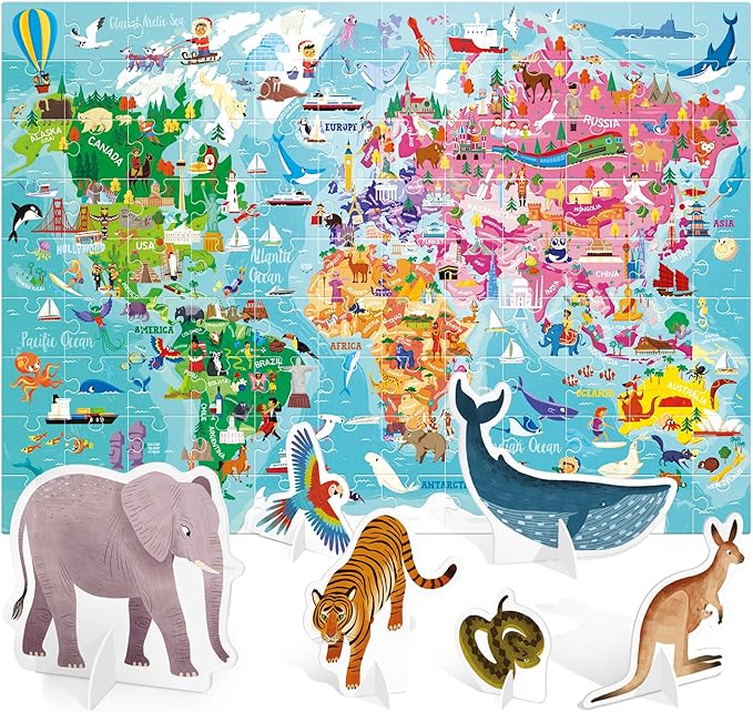 puzzle of the world with stand-up animals to place on continents 