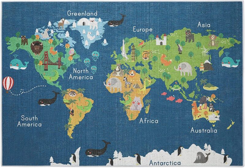 Classroom rugs, like this one, can include maps. A blue map shows all the continents labelled.