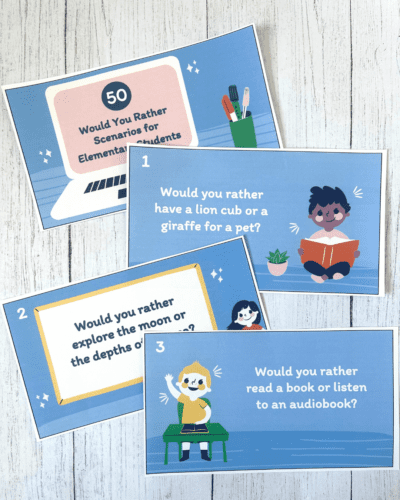 Picture of "would you rather" cards for elementary students, as an example of free last day of school printables
