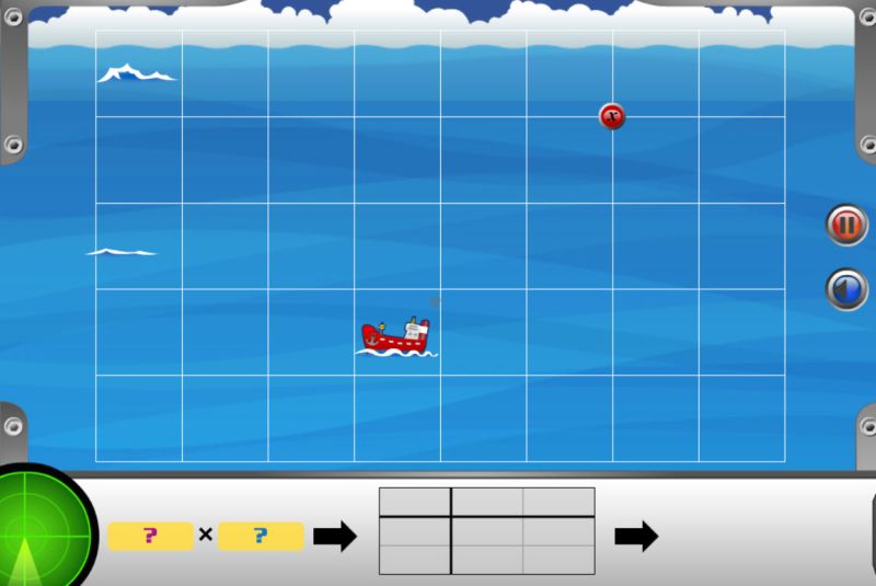 Screenshot from a submarine math game requiring players to factor quadratic equations