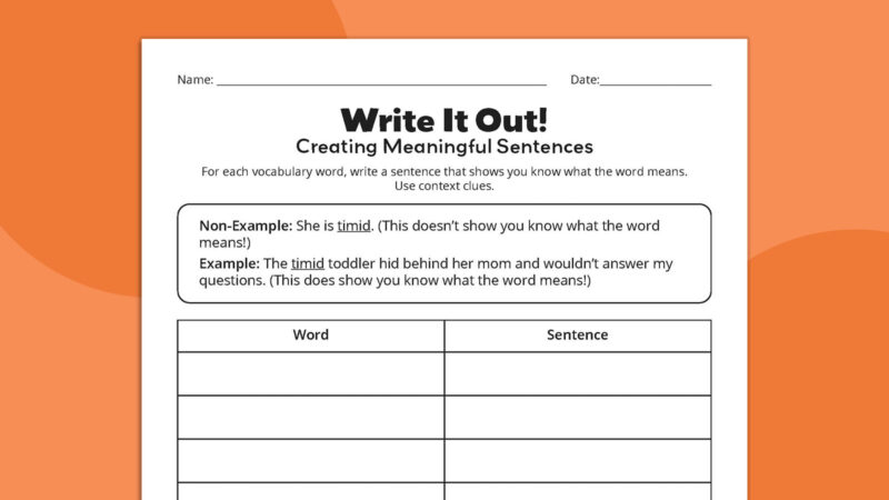 Flat lay of Write It Out vocabulary worksheet