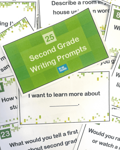 Second grade writing prompt card that says "second grade writing prompts," as an example of free last day of school printables