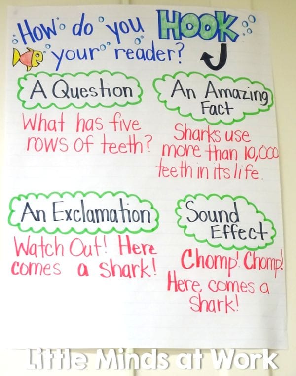 Hook Your Reader anchor chart with ideas like a question, an amazing fact, an exclamation, or a sound effect
