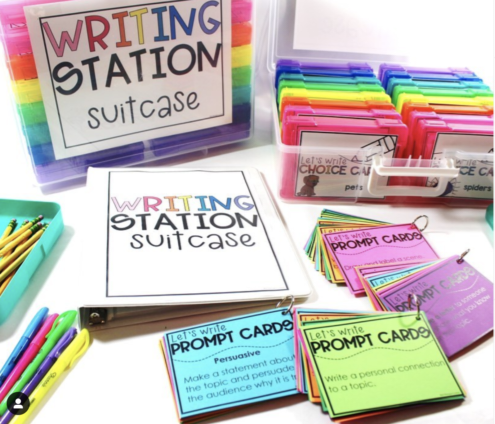 A plastic container says Writing Station Suitcase. There is a binder and prompt cards also pictured.