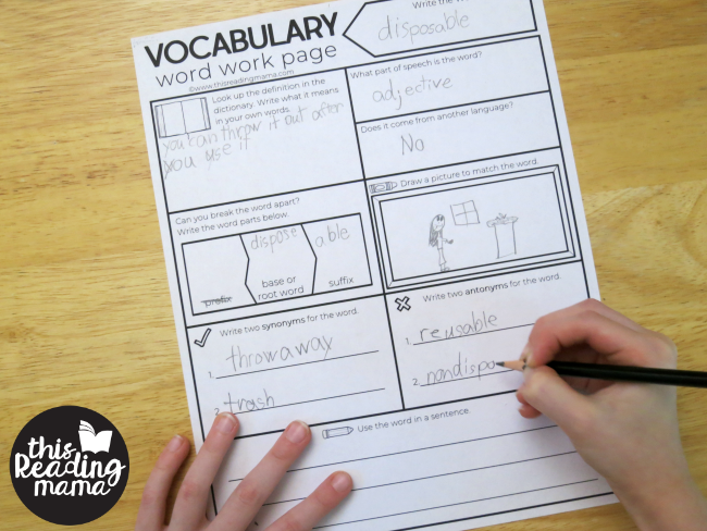 worksheet focusing on one vocabulary word with many different categories to fill out relating to the word, as an example of activities on synonyms