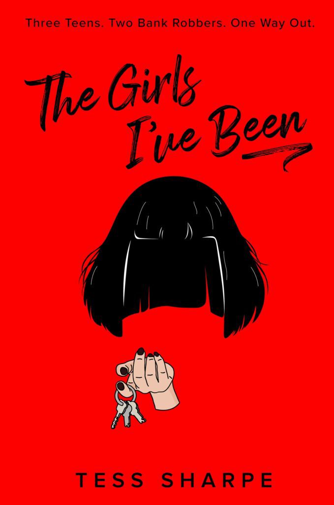 Cover of The Girls I've Been bright red background with black hair wig