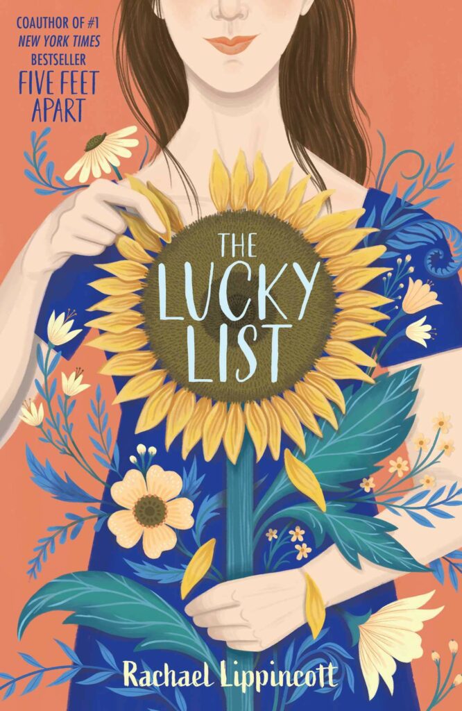 Cover of The Lucky List YA books woman in blue shirt holding large sunflower