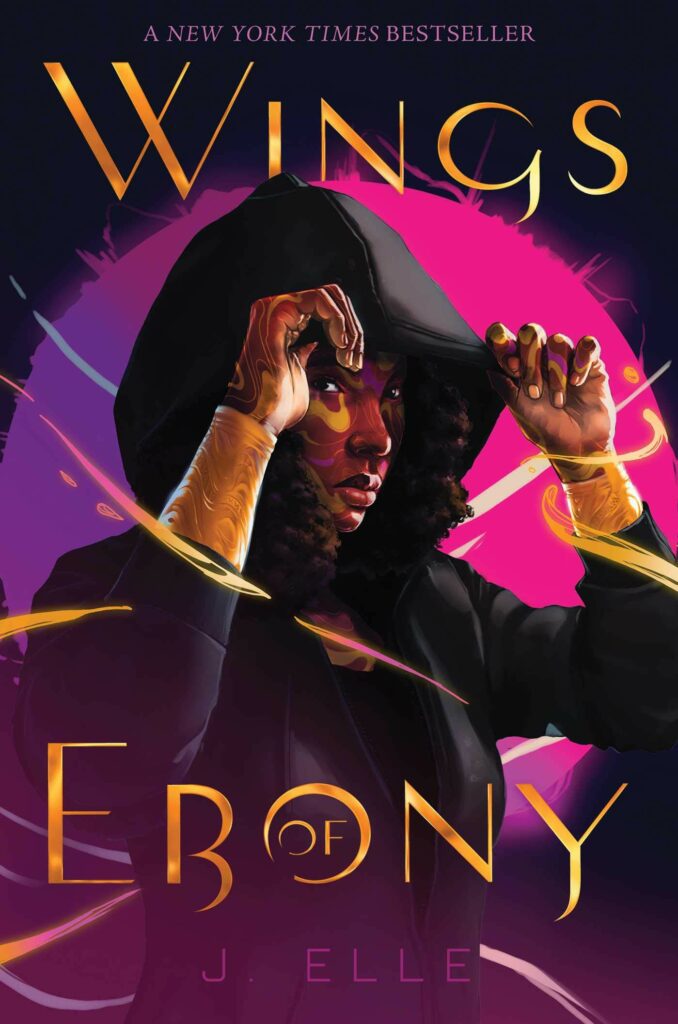 Cover of Wings of Ebony YA books Black female hero pulling cloak over head