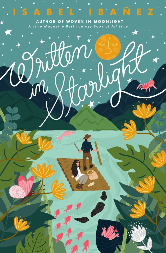Cover of Written in Starlight two teens on a raft in the river under the moon with yellow flowers