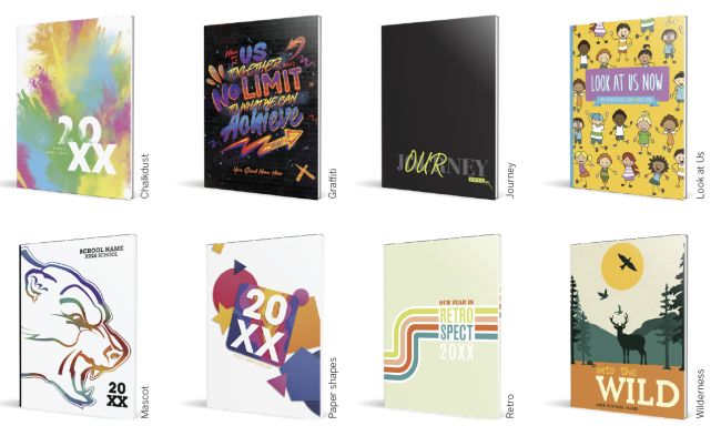 Collage of 8 yearbook covers offered by Herff Jones