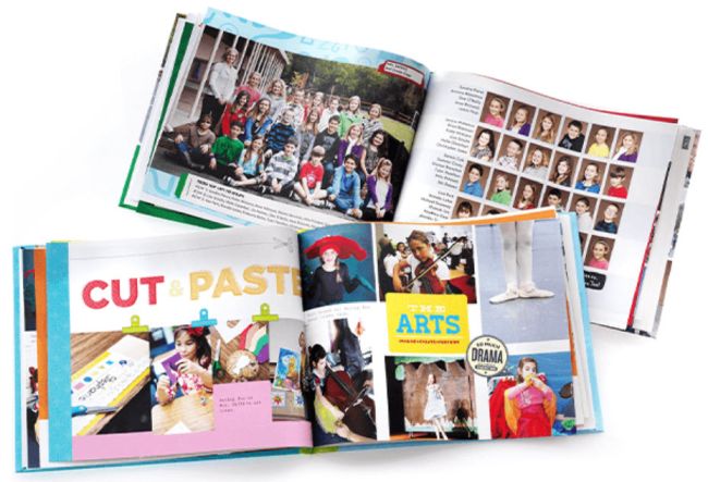 Two open yearbook spreads from Shutterfly