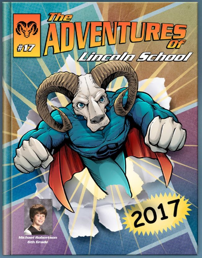 Yearbook cover for 2017 with a superhero ram bursting out