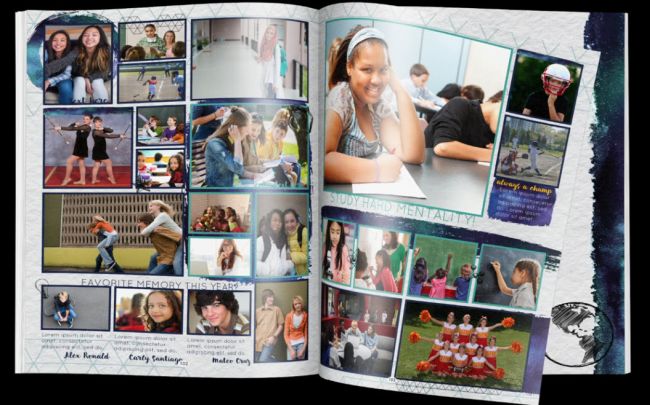 Two-page spread of a yearbook with photos of student activities