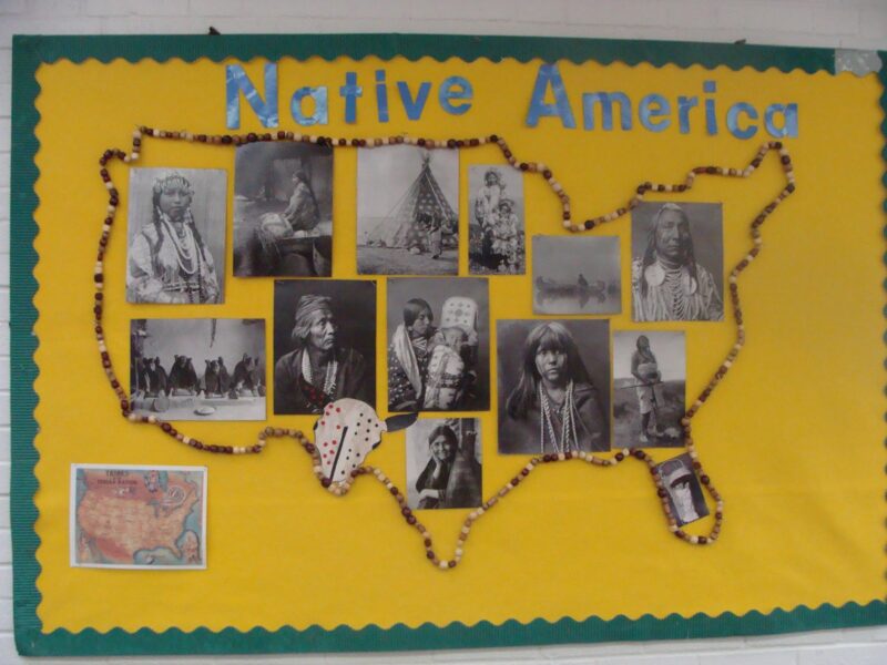 An October bulletin board idea shows a yellow background with an outline of a map of the United States done in wood beads. The top says Native American and there are images of native Americans inside the map.