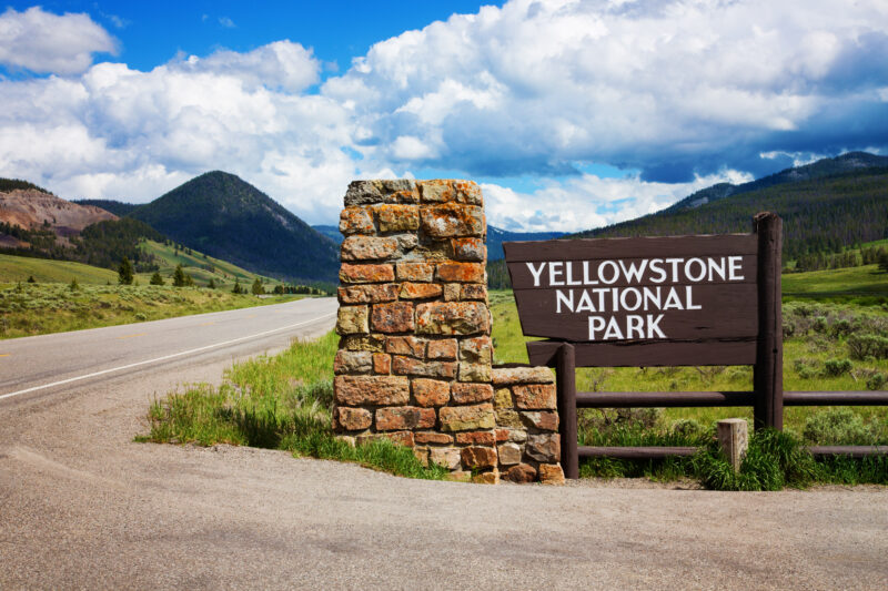 Yellowstone national park sign and entrance, as an example of the best family vacations