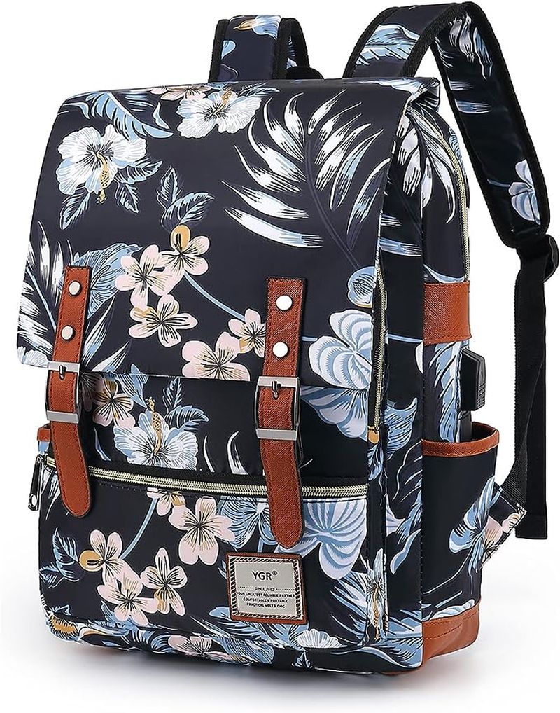 Tropical floral print backpack with a top flap and leather buckle straps, plus size pockets