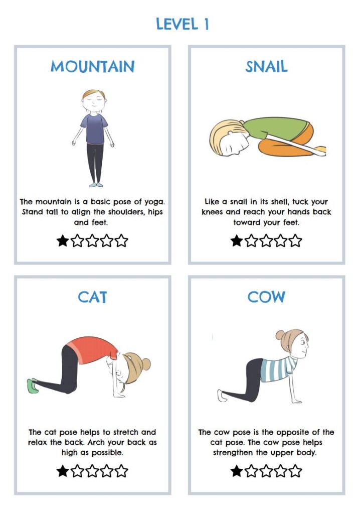 A page of illustrated printable yoga pose cards for kids, as an example of brain breaks