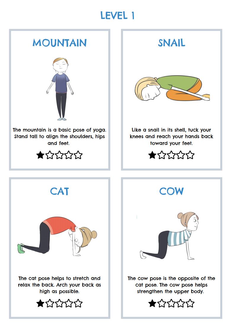 A page of illustrated printable yoga pose cards for kids, as an example of educational brain breaks