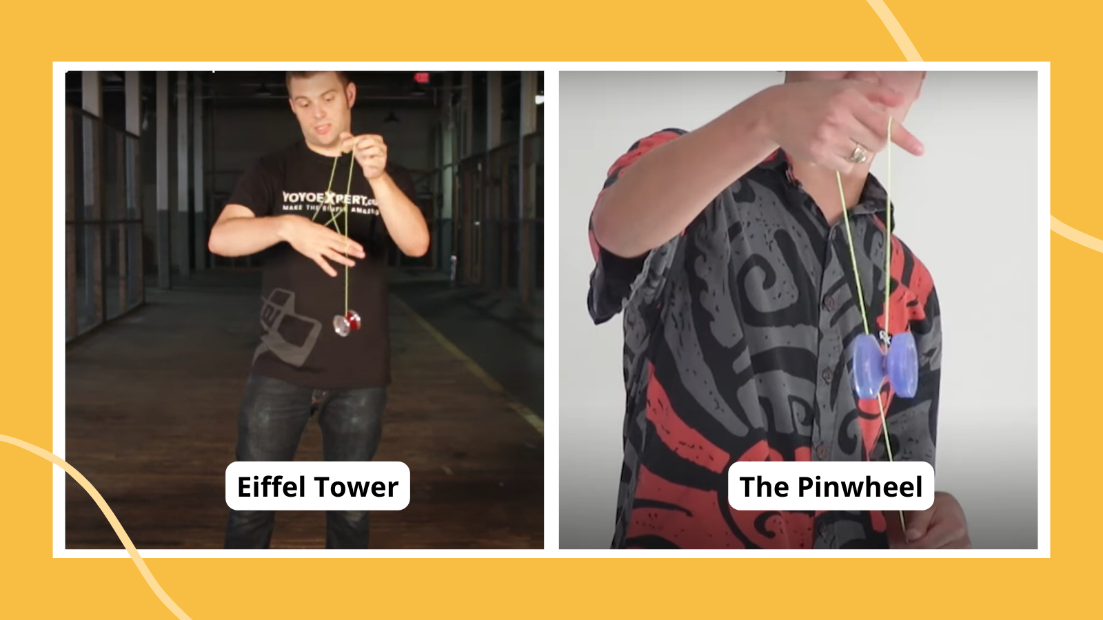 Two young men doing yoyo tricks called Eiffel Tower and the Pinwheel.