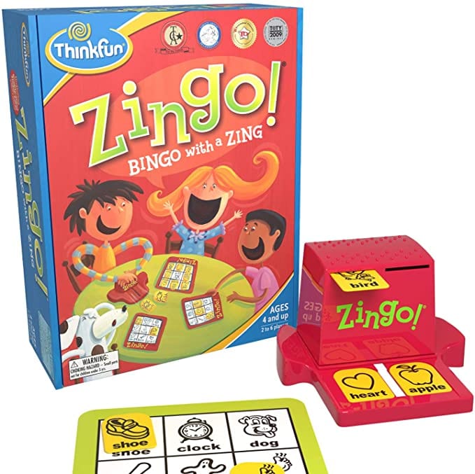 Box, playing card, and card dispenser for Zingo game with tiles matched to playing card as an example of best preschool card games and board games for the classroom