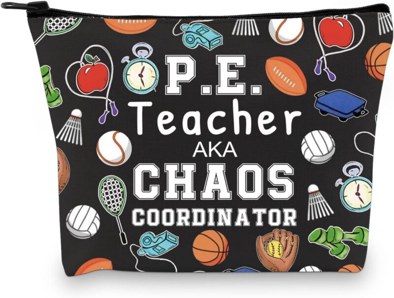 Sports zipper pouch that says PE Teacher Chaos Coordinator