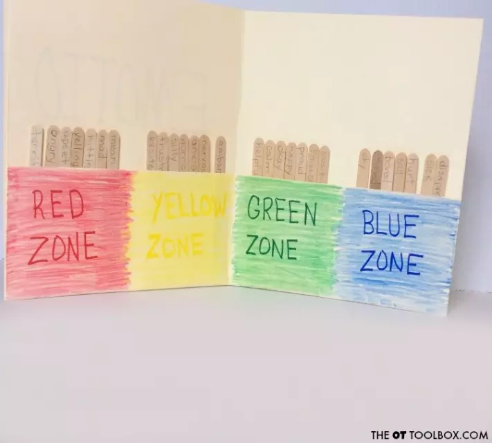 The inside of a two pocket folder with 4 sections- red, yellow, green and blue. Each section holds popsicle sticks with emotion words written on them