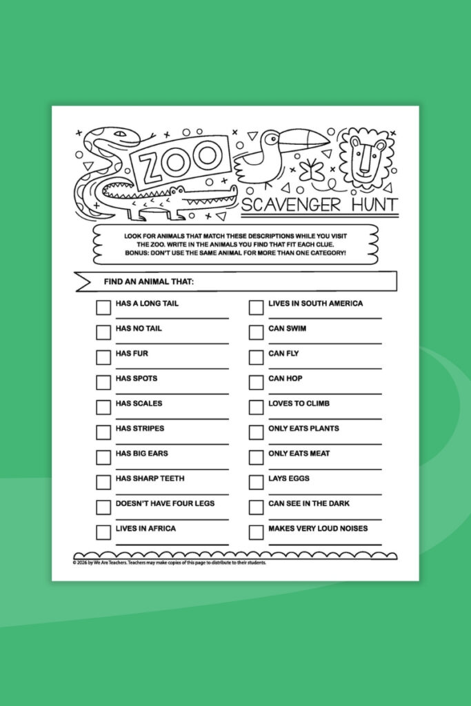 Zoo Scavenger Hunt Flay lay of a zoo scavenger hunt printable on green background